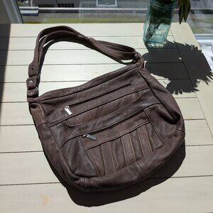 Roma ? Genuine Leather Soft Shoulder Satchel Hobo Bag Brown Zippers Pockets
